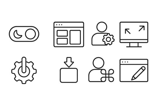 Personalization Tool Icons. Line style icons of personalization tools: theme switch, layout options, profile preferences, display