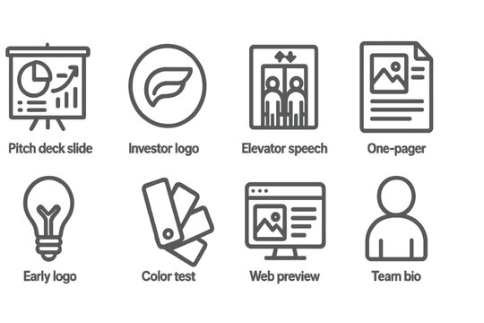 Startup Branding Icons. Line style icons of startup branding: pitch deck slide, investor logo, elevator speech, one-pager, early