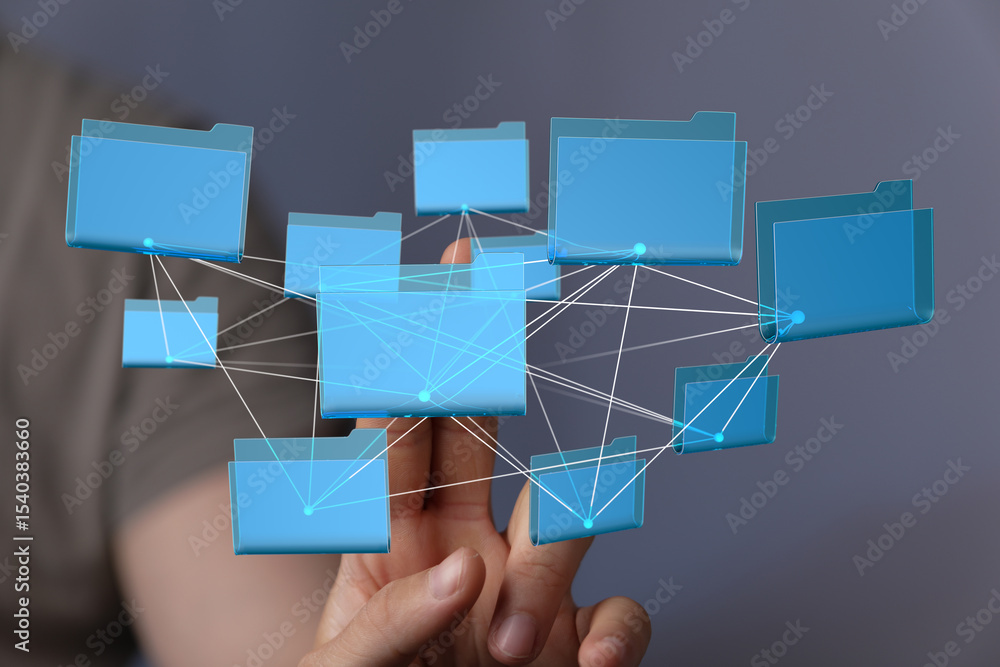 Poster Visual representation of a network of files in the cloud.  Ideal for technology, data storage, and collaboration concepts.