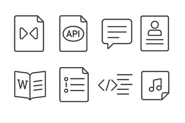 Documentation Icons Set. Line style icons of documentation: markdown file, API doc, code comment, readme file, developer wiki,