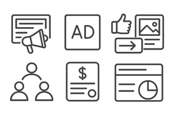 Social Ad Icons. Line style icons of social advertising: promoted post, ad icon, boost button, audience selector, budget input, ad