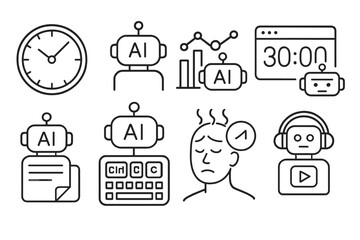 AI Productivity Icons. Line style icons of AI in productivity: time tracker, work pattern analysis, deep work timer, distraction