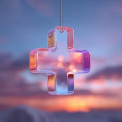 Colorful Glass Plus Sign Hanging Against a Dreamy Soft Background