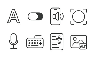 Accessibility UI Icons. Line style icons of accessibility UI: large font icon, contrast toggle, screen reader, focus ring, voice