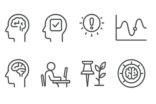 Psychology in Business Icons. Line style icons of psychology in business: focus enhancement icon, deep work tracker, distraction