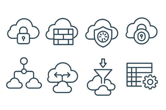 Cloud Security Icons. Line style icons of cloud engineering systems: network security icon, firewall cloud badge, DDoS protection