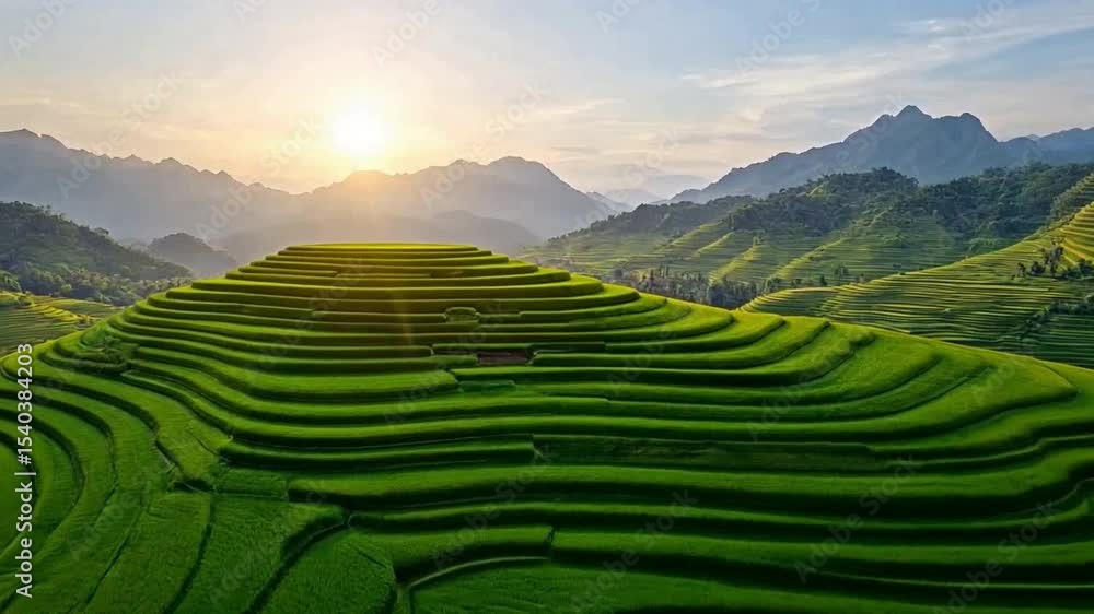 Poster terraced fields at sunrise: majestic terraced fields cascade down the hillside, creating a mesmerizi