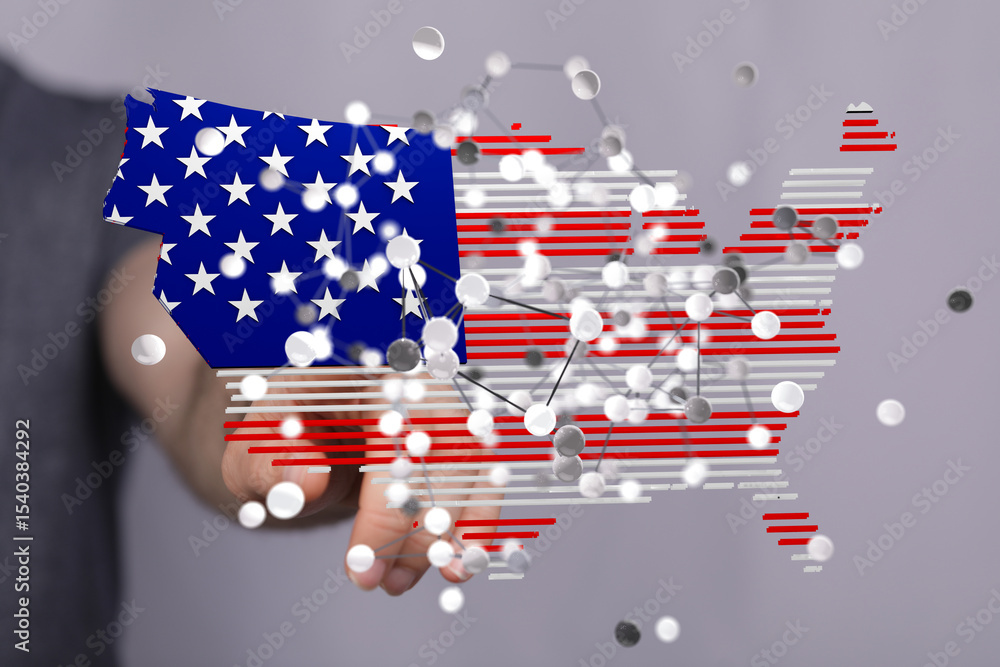 Poster Digital illustration of the USA map with network connections, representing connectivity and data flow.