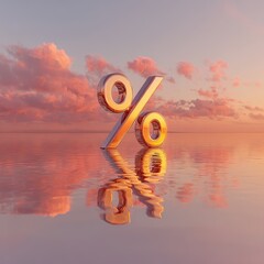 Reflective Percent Symbol on Calm Water Under Colorful Sky