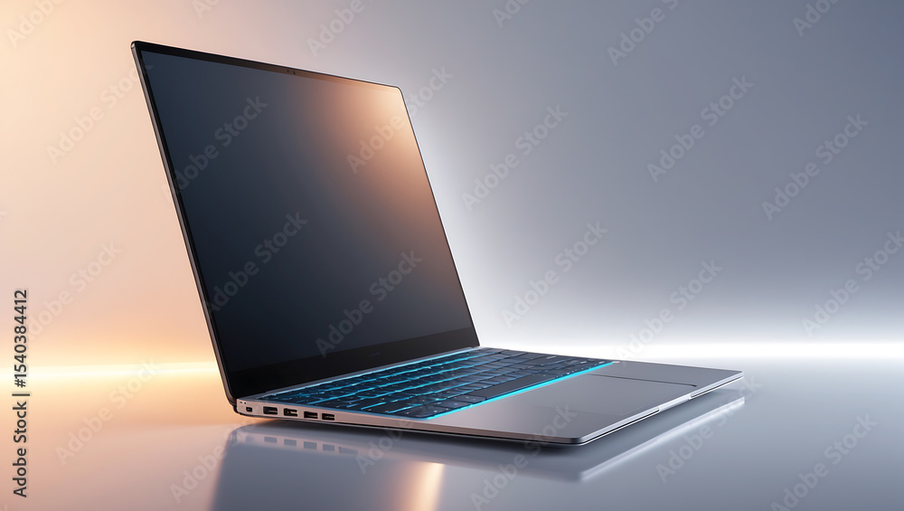 Poster modern laptop presentation showcasing illuminated keyboard on reflective surface against a gradient 