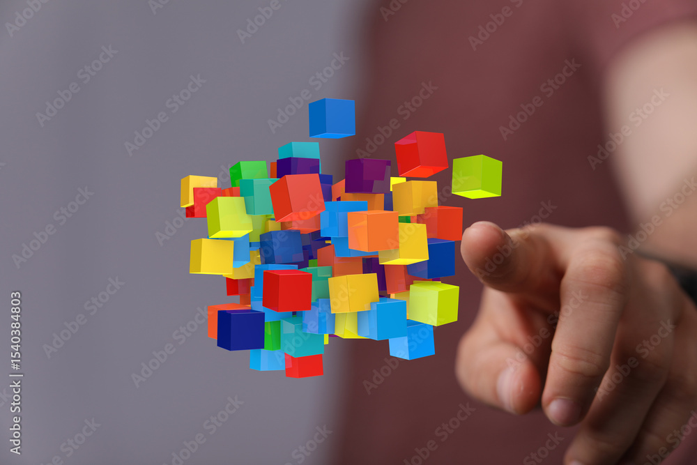 Poster Abstract image of colorful cubes, symbolizing data, technology, and innovation. Perfect for tech presentations.