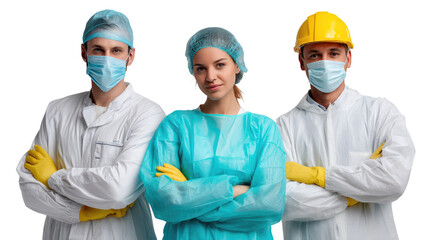 United Professionals: Portrait of three individuals, united in their roles, with professional attire. Focused on health care and industrial sectors.