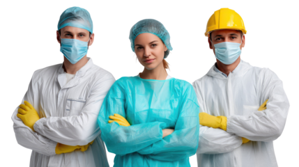 United Professionals: Portrait of three individuals, united in their roles, with professional attire. Focused on health care and industrial sectors.