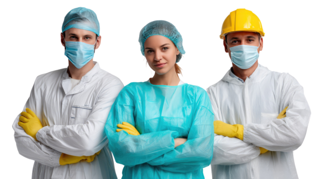 United Professionals: Portrait of three individuals, united in their roles, with professional attire. Focused on health care and industrial sectors.