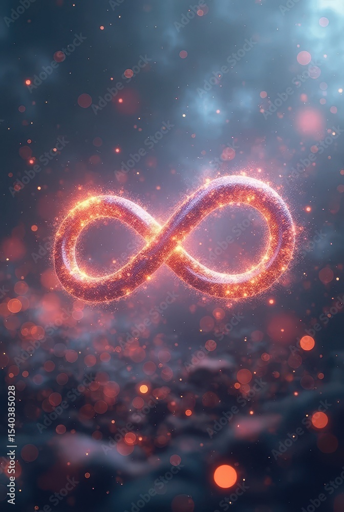 Poster radiant infinity loop formed by luminous sparks and surrounded by glowing orbs in a shadowy environm