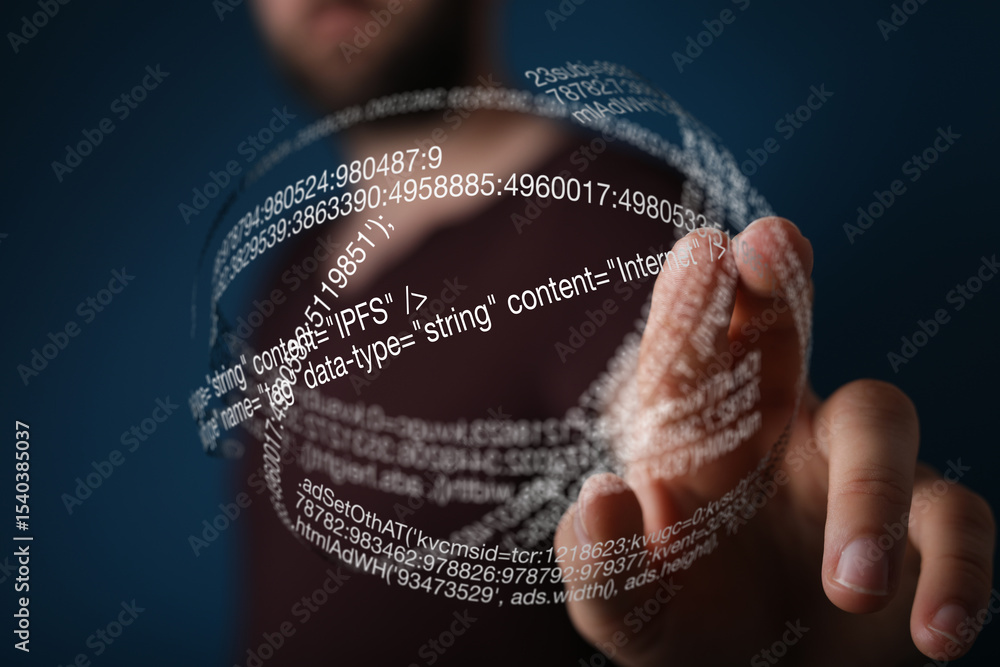 Aufkleber A hand interacts with a sphere of digital code, showcasing technology and programming.