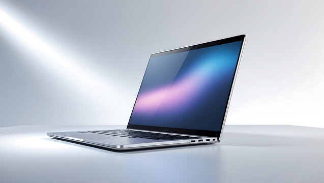 Modern silver laptop on a bright clean surface with colorful display screen
