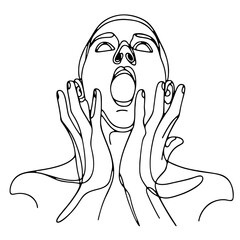 Amazement: man in theatrical pose of surprise — shock and wonder expressed through minimalist single-line black drawing. One line art.