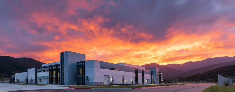 A sleek, modern data center exterior set against a vibrant sunset, with mountains in the background