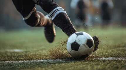 Obraz premium Close-up of Soccer Player's Foot Kicking Ball on Green Field with Action Dust