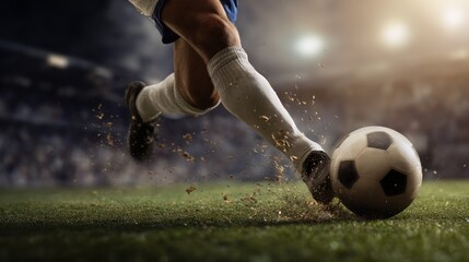 Fototapeta premium Soccer Player Kicking Ball on Field: Dynamic Action Shot with stadium lights