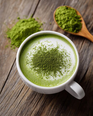 A white mug with green powder on top of it. The mug is on a wooden table. A spoon is next to the mug