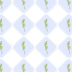 Pattern delicato con rombi azzurro pastello con ricamo e fiorellini bianchi