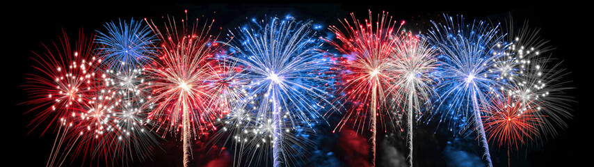 Independence Day 4th of July USA - Red blue white firework banner, sylvester new year's eve, new year fireworks isolated on black night sky texture