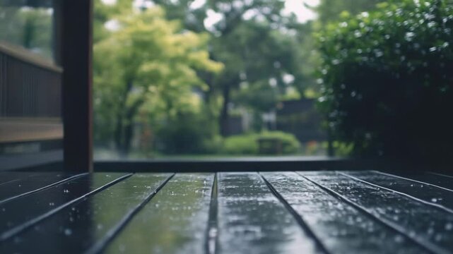 An empty porch in the rain