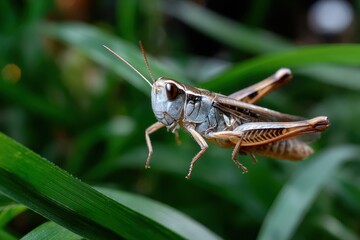 An impressive image capturing a grasshopper in mid-air above lush green grass, showcasing the dynamic movement and natural beauty of grassland ecosystems.