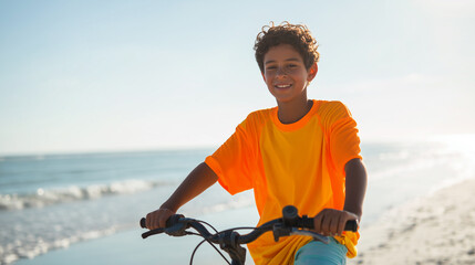 Young boy riding a bicycle by the seaside wearing an orange t shirt on a sunny day capturing carefree childhood summer vacation vibes 