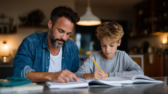 Loving father helping his young son with school homework at kitchen table in warm cozy home showing support parenting and education. 
