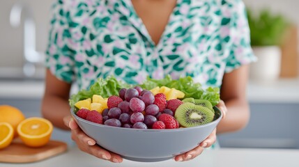Fresh fruit salad preparation with a focus on health and nutrition in a bright kitchen