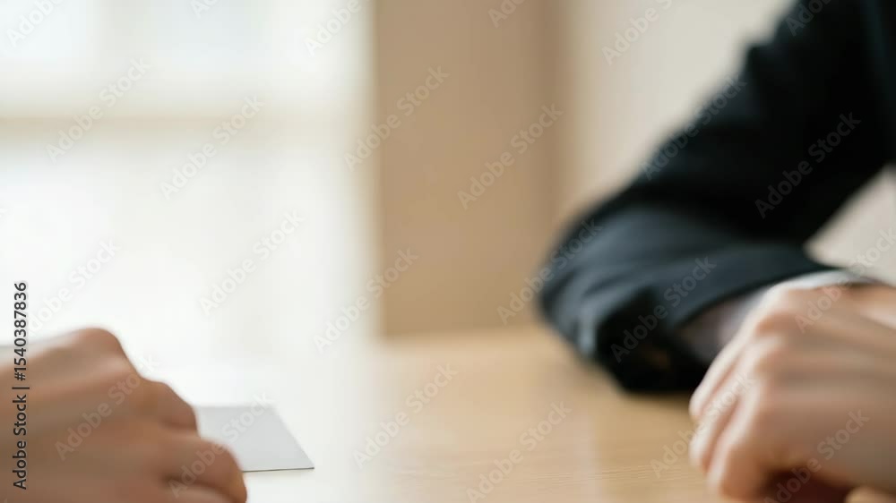 Poster hands exchanging a blank card during an important conversation in a modern office setting