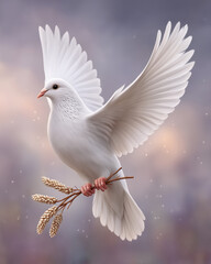 White dove is perched on a branch with its wings spread out. Concept of freedom and peace, as the bird is soaring through the sky