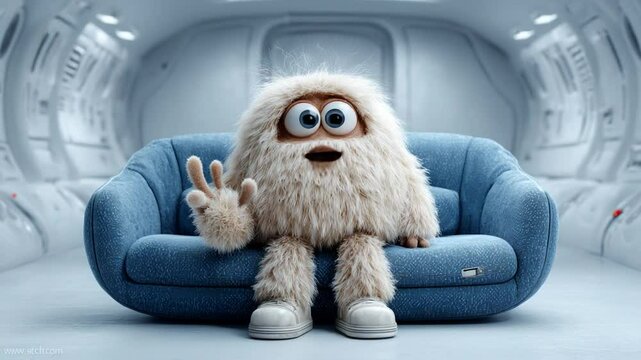 Funny Furry Character on Blue Couch with Various Expressions in Futuristic Setting