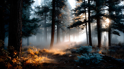 Fototapeta premium Soft golden light breaking through thick fog in a vintage forest, casting an ethereal glow on the pine trees and enveloping the scene in a serene, dreamlike atmosphere.