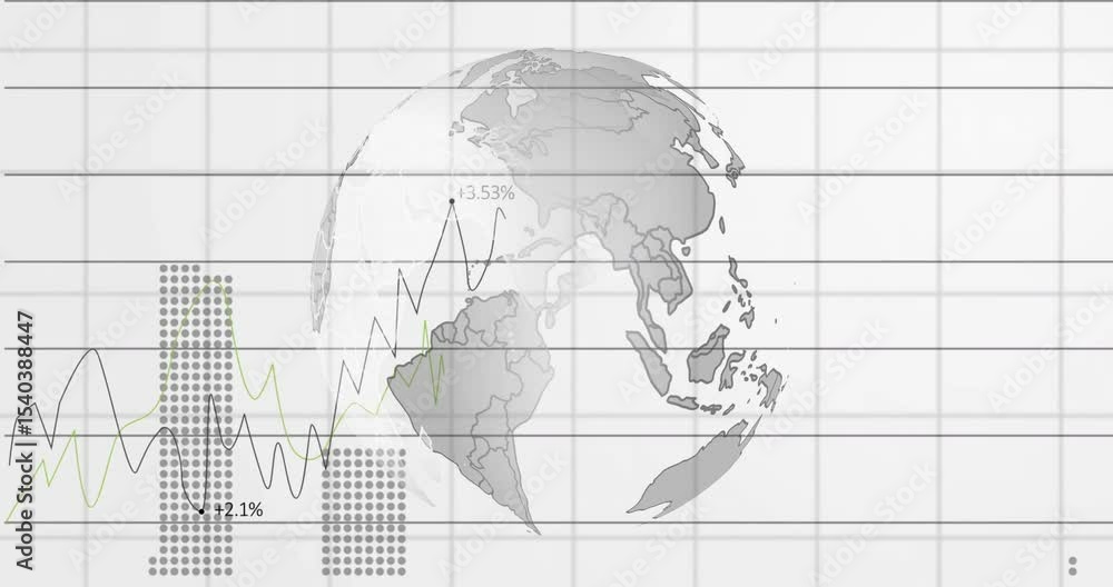 Poster faint globe outline appearing then rotating while grid line graph and dot bars plotting global data
