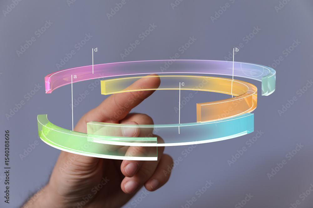 Poster Hand interacting with colorful 3D data chart.  Perfect for technology, analytics, and business concepts.