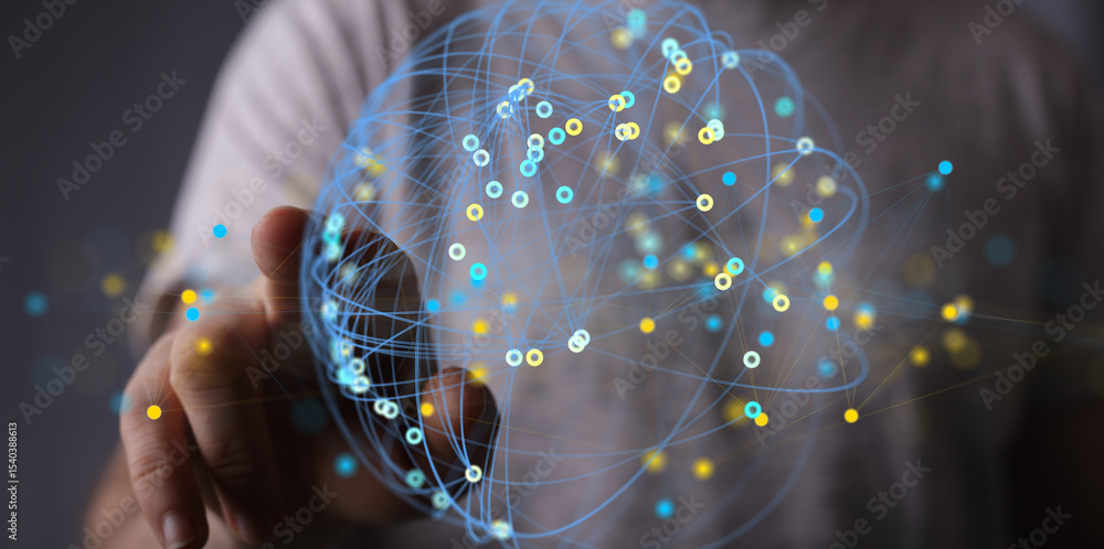 Aufkleber Abstract image of a hand interacting with a digital global network.  Perfect for technology, connection, and innovation concepts.