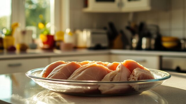 Fresh Chicken Breast Pieces on Glass Plate in Modern Kitchen Setting