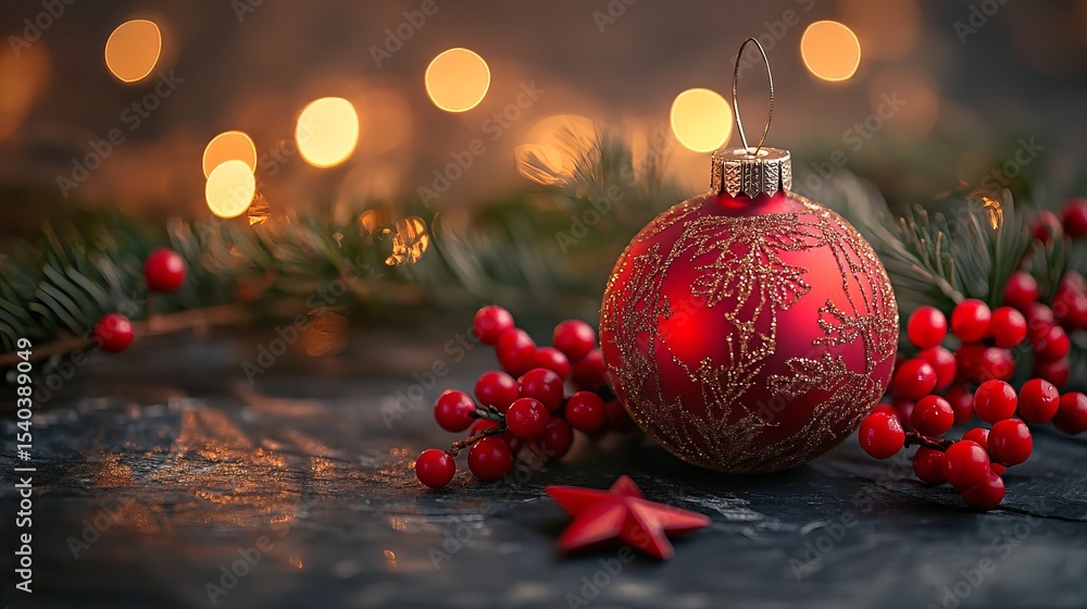 Poster red christmas ornament sits with berries and evergreen on a textured surface, illuminated by bokeh l
