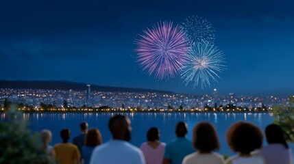 Fireworks light up the night sky over a city skyline during a community celebration