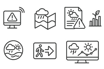 Climate Technology Icons. Line style icons of climate technologies: early warning system icon, flood risk map, heatwave alert file