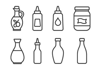 Condiment Line Icons. Line style icons of oils and condiments: olive oil, ketchup bottle, mustard bottle, mayonnaise jar. soy