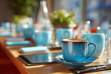 Elegant Coffee Setup at Conference Table for Productive Meeting with Stylish Mugs and Materials