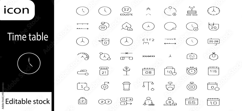 Poster time table icon set with various symbols representing time management and scheduling in a detailed l