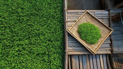 Lush green tea leaves spread out under sunlight in a traditional setting