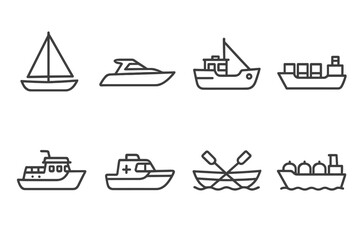 Maritime Transport Icons. Line style icons of maritime transport: sailboat, motor yacht, fishing boat, cargo ship. ferryboat,