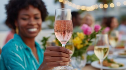 Celebrating with friends at a summer gathering with drinks and floral decorations